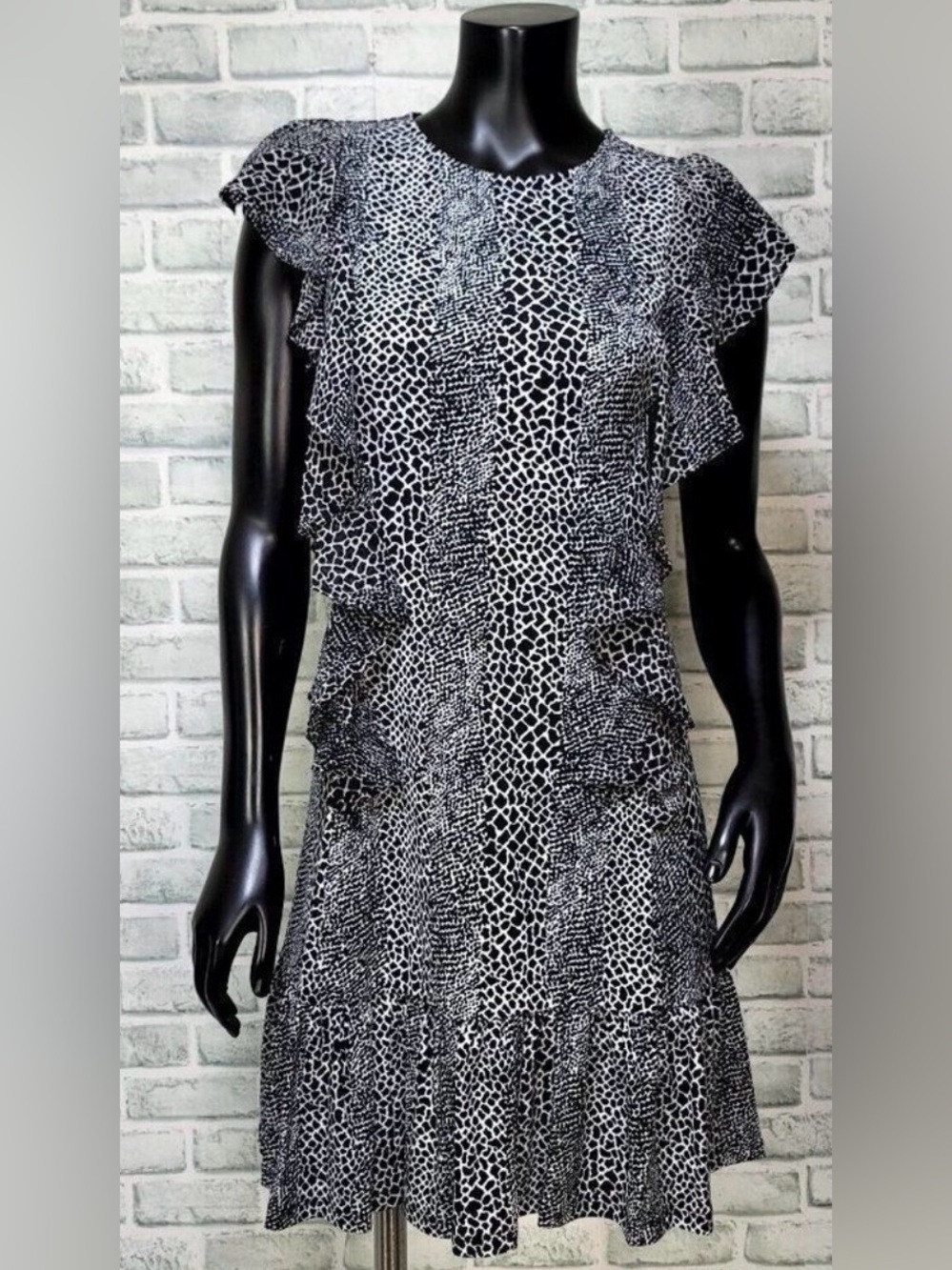 Women's Michael Kors Snakeskin Ruffle Shift Mini Dress Black White Size Medium